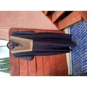 Wide Leg Black lightweight Jumpsuit With Tan Ethnic Print Bib